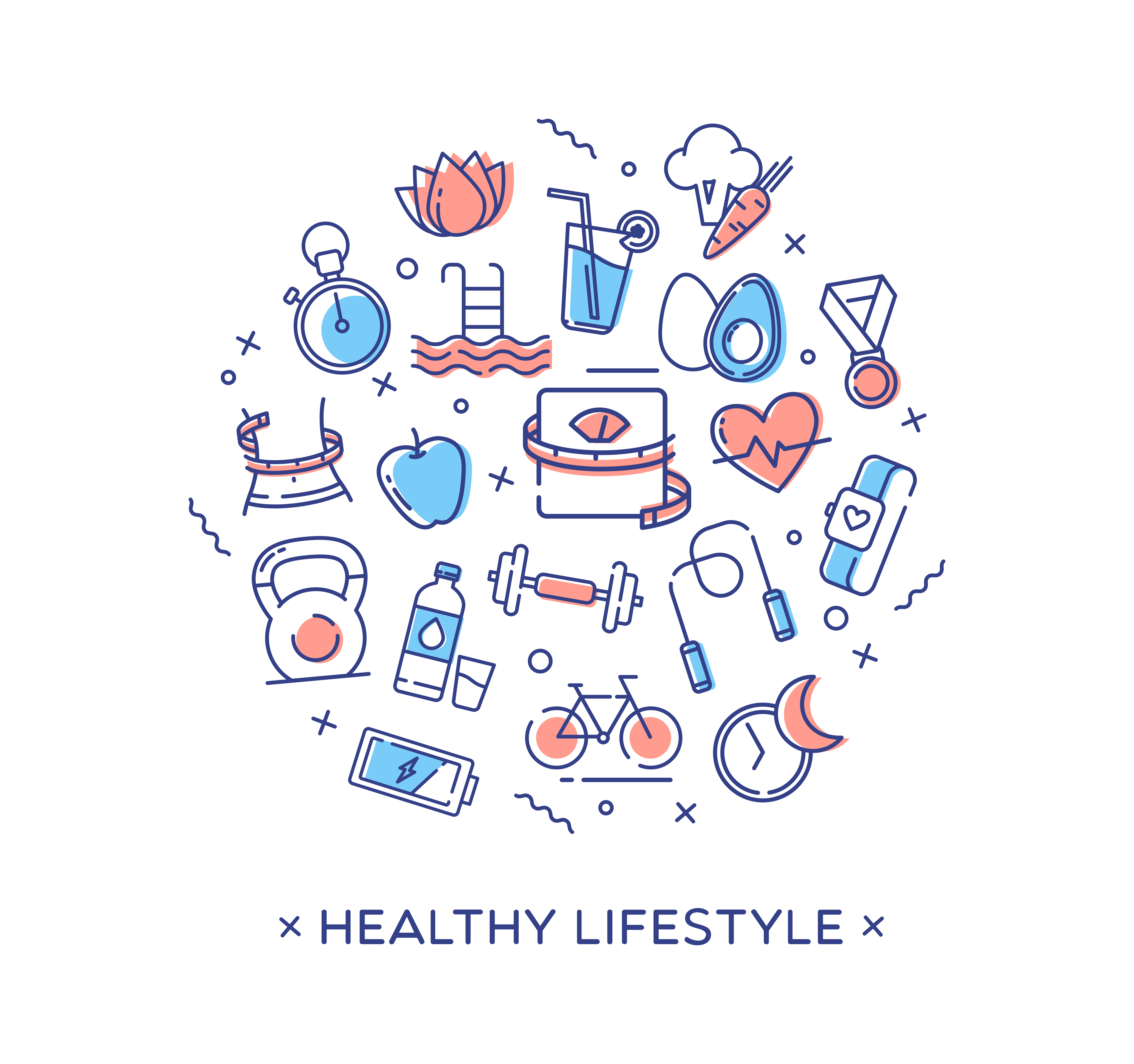 Pictures of foods and activities that make up a healthy lifestyle