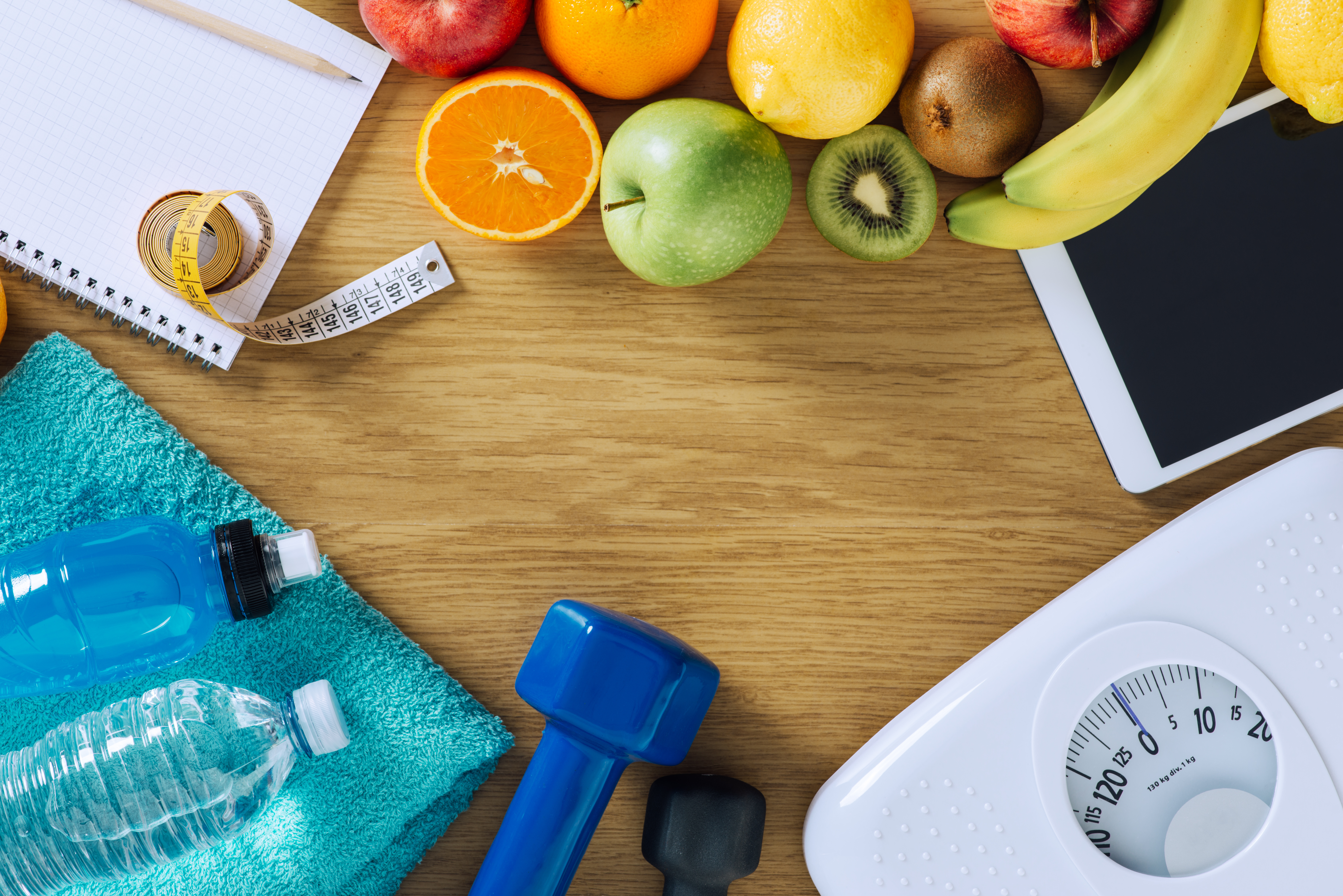 Scales, weights, fruit and veg on a table